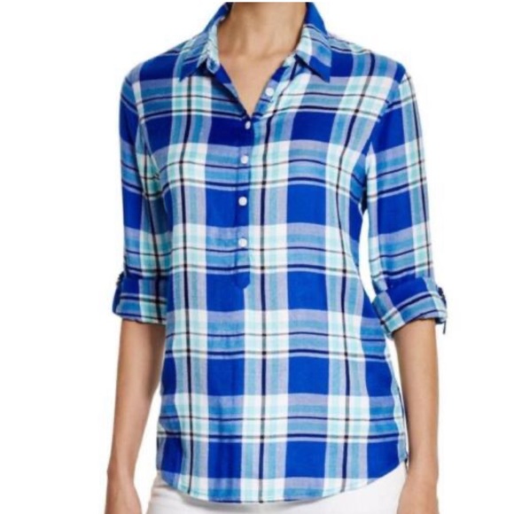 Allen Schwartz Prive Plaid Top Half Button Down Blue NWT Size XS - Picture 1 of 6